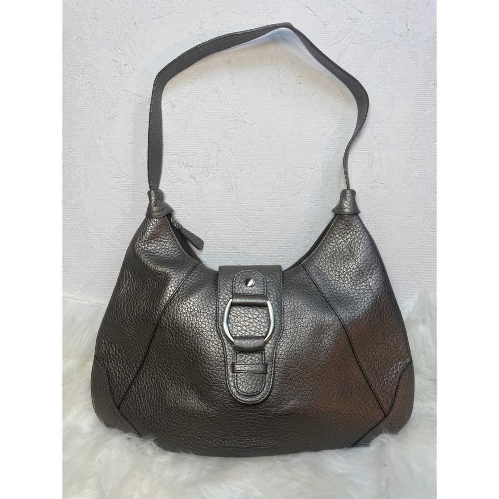 Marshall Fields Metallic Pewter Pebbled Leather Hobo Shoulder Bag Y2K Silver